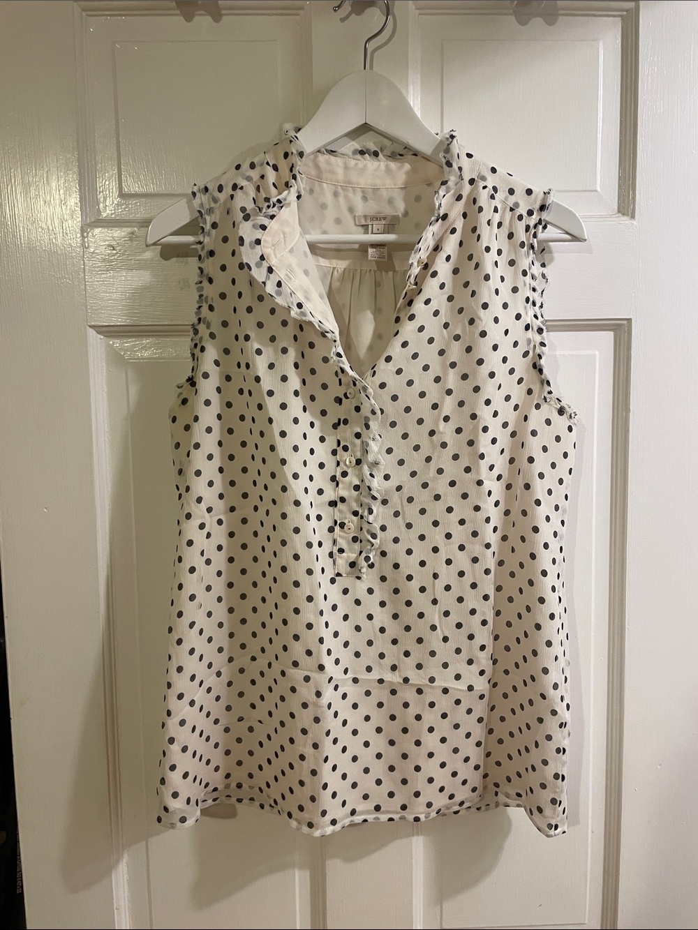 JCrew Cream Sleeveless Polka Dot Ruffle V-Neck Top, Size 8
